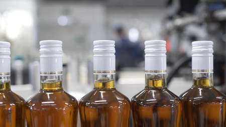 Glass bottles sealed with white foil and filled with alcohol move along conveyor line with control panel in Factory for bottling alcoholic beverages. Production process of prune tincture.の写真素材