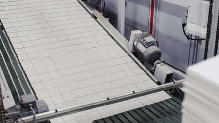 Conveyor line for the production of boxes. Machine cuts cardboard boxes from sheets of cardboard....