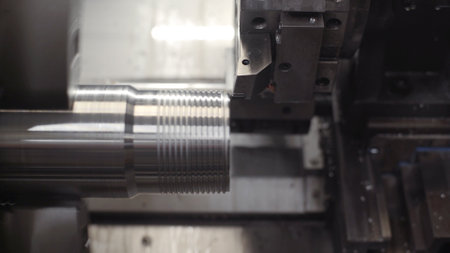 Turning lathe in action. Facing operation of metal blank on turning machine with cutting tool. Old turning lathe machine in turning workshop. Machining high precision mold part by cncの写真素材