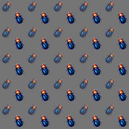 Seamless pattern on gray background with blue cetonia aurataの写真素材