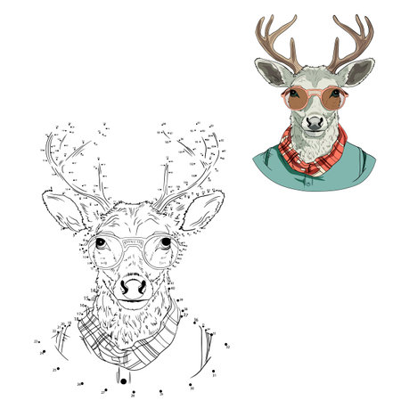Deer in glasses and scarf. Coloring book for children.のイラスト素材