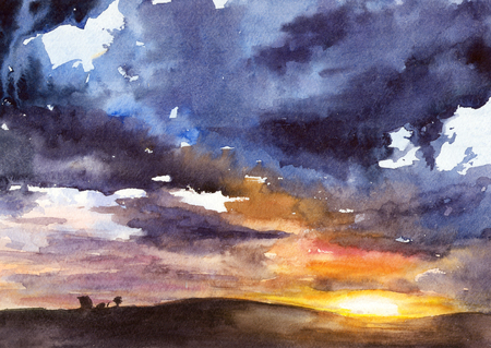 Watercolor illustration of bright sunsetの写真素材