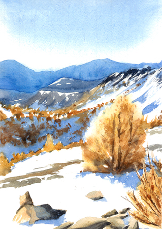 Watercolor illustration of yellow trees in the blue mountainsの写真素材