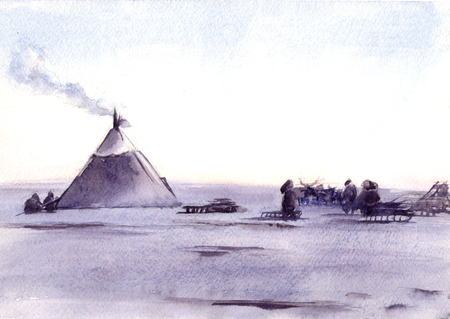 Watercolor illustration of siberian landscape and native peopleの写真素材