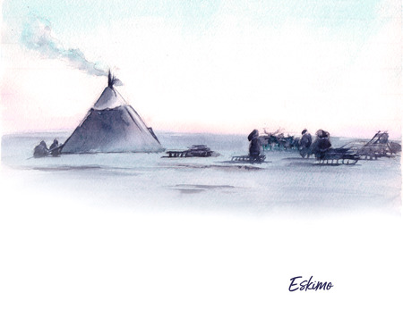 Watercolor illustration of siberian landscape and native peopleの写真素材