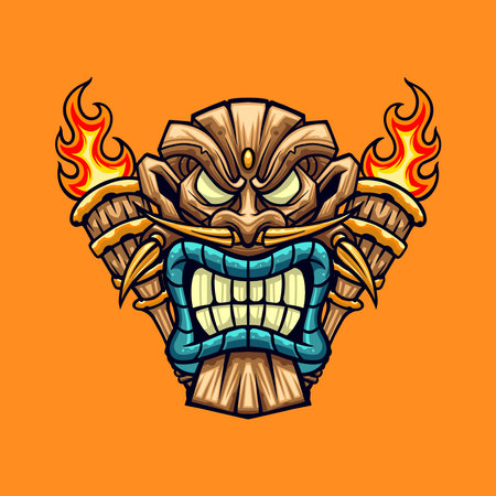 Tribal mask with fire flame. Vector illustration in cartoon style.のイラスト素材