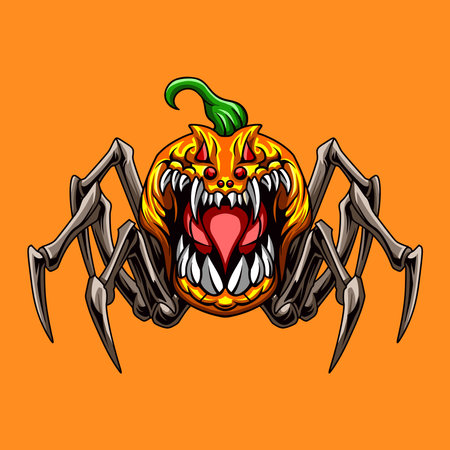 Halloween pumpkin cartoon vector illustration. Scary spooky halloween pumpkin headのイラスト素材