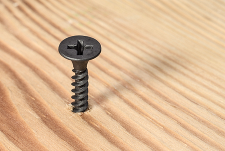 Black screw screwed into woodの写真素材