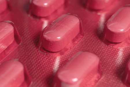 Medicine pills packed in red blisters. medicines and healthcareの写真素材