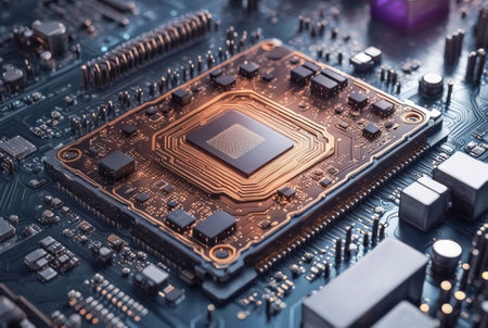 Microcircuit with digital chip. Computers and microelectronicsの素材