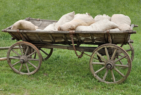 Wooden dray with bags on a background of green grass. Village landscapes. Vintage and retroの写真素材