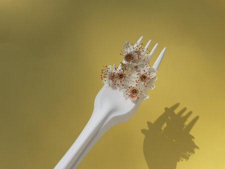 Minimal food concept with fork with spring blossom. Healthy spring diet abstract concept. Yellow...