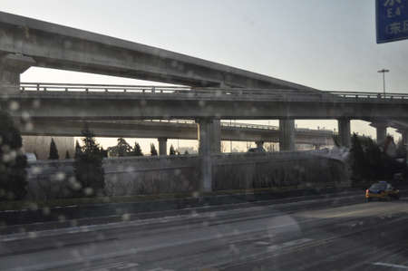 View of an Elevated expressway  The curve of suspension bridge, beijing from inside of a vehicle
