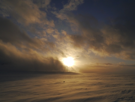 Blowing snow, sunset, Iceland, Northern Europeの写真素材