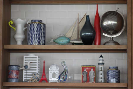 Wooden Cabinet with assortment of displaysのeditorial素材