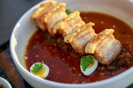 close-up crispy pork in the bolwの写真素材