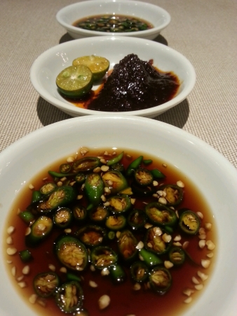 Three small plates of saucesの素材