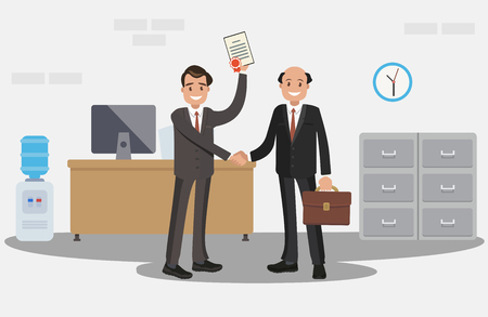 Rewarding the employee with a diploma. A happy man in a suit with a diploma. Vector illustration. Flat design.のイラスト素材