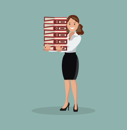 The employee carries a large stack of papers and sheets of paper. Flat designのイラスト素材