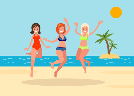 Three girls jump on the beach background.のイラスト素材