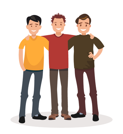 Male friendship. Three guys hugging. Vector illustration in flat styleのイラスト素材