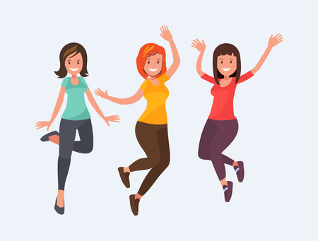 Beautiful girls jump with happiness. Vector illustration of a flat design.のイラスト素材