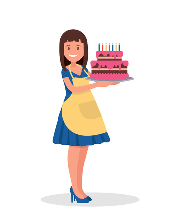 The hostess holds a beautiful cake. Homemade birthday cake. Vector illustration in flat style.のイラスト素材