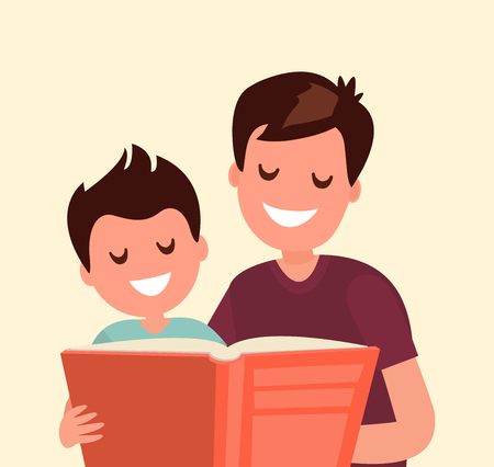 Father reading a book to his son. Vector illustration of a flat designのイラスト素材