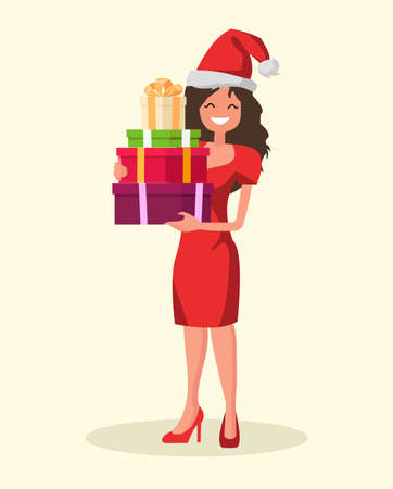 Beautiful woman dressed in a Christmas hat and a red dress is holding presents. New Year sales.のイラスト素材