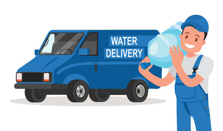 Company for the delivery of drinking clean water. A man with a bottle on the background of the van. Vector illustration in a flat styleのイラスト素材