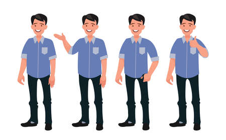 Set of characters a handsome man in casual clothes in different poses. Vector illustration in...