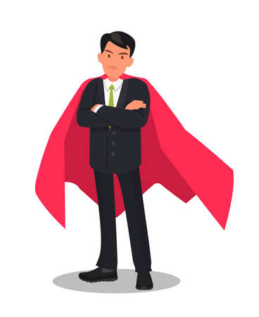 Determined businessman or office worker super hero in a red cloak. The concept of leadership and strength in business. Vector illustration in cartoon style.のイラスト素材