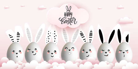 Happy Easter funny cute bunnies with Easter eggs on a pink background with paper clouds. Easter...