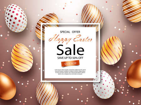 Easter Sale banner design with square frame, rose gold ornate eggs and confetti. Holiday Easter background with place for your text. Modern style greeting card or invitation. Flyer, poster template.のイラスト素材