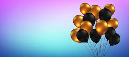 Celebration, festival blue background with helium balloons. Greeting banner or poster with gold and black realistic 3d flying balloons. Celebrate a birthday poster. Happy anniversary card.のイラスト素材