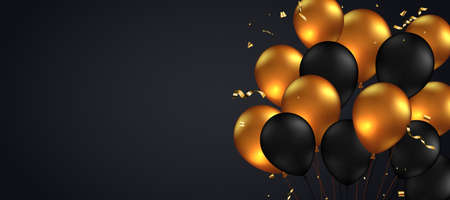 Celebration, festival blue background with helium balloons. Greeting banner or poster with gold and black realistic 3d flying balloons. Celebrate a birthday poster. Happy anniversary card.のイラスト素材