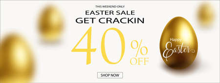 Happy Easter Sale banner, poster, holiday cover, flyer, card in 3d realistic style with golden eggs on white background. Modern minimal design for social media, advertising, web. 40 percent discountのイラスト素材