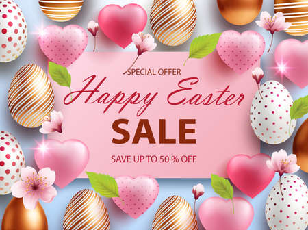 Easter Sale banner design with rose gold ornate eggs, helium shining light pink balloons, spring blossoms and light green leaves. Holiday Easter background with place for your textのイラスト素材
