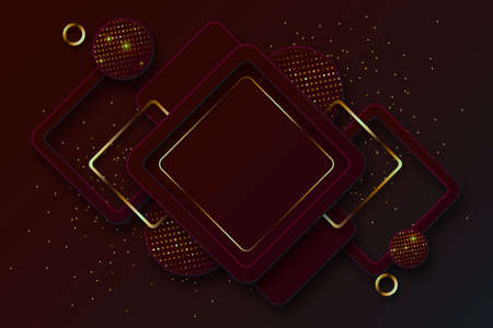 Abstract 3d background with burgundy paper layers. Vector geometric illustration of carbon sliced shapes with gold glittering elements. Graphic design element.のイラスト素材
