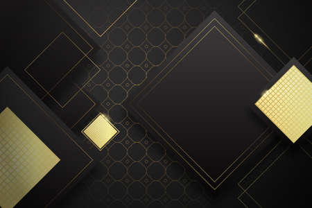 Abstract 3d background with layers of black paper. Vector geometric illustration of carbon sliced shapes with gold glittering elements. Graphic design element.のイラスト素材