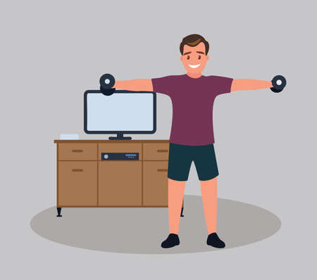 A male character training at home, a man lifting dumbbells. Passion for bodybuilding, weightlifting and muscle growth. A guy who leads an active life. Cartoon character, vector in a flat styleのイラスト素材