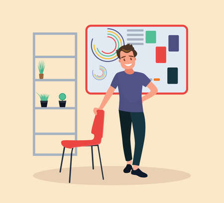 Preparation of the project presentation. A man is preparing a new project. Vector illustration in a flat style.のイラスト素材