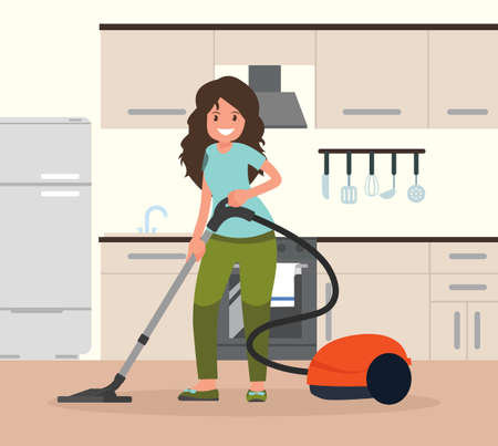 Woman housewife vacuuming the room. Vector illustration in a flat styleのイラスト素材