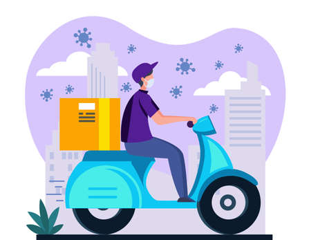 A courier guy in a mask and gloves rides on a scooter or moped, delivering a parcel or a parcel box. Vector Illustration flat design.のイラスト素材