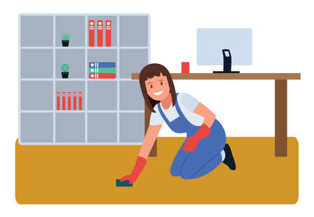 Tired girl washes the floors in the room, household chores. Cleaning of the apartment, putting things in order. Vector illustration in a flat style.のイラスト素材