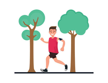 A person running in the park for good health. A sporty guy trains by jogging every day. Vector illustration in a flat style.のイラスト素材