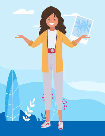 A woman on a trip to a tropical island with palm trees. Vector illustration in a flat style.のイラスト素材