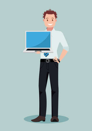 A businessman shows a laptop. Vector illustration in a flat style.のイラスト素材