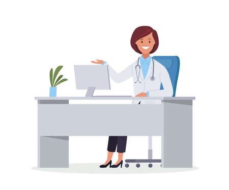 A doctor sitting at a desk and working at a computer in the office. Vector illustration, flat style.のイラスト素材