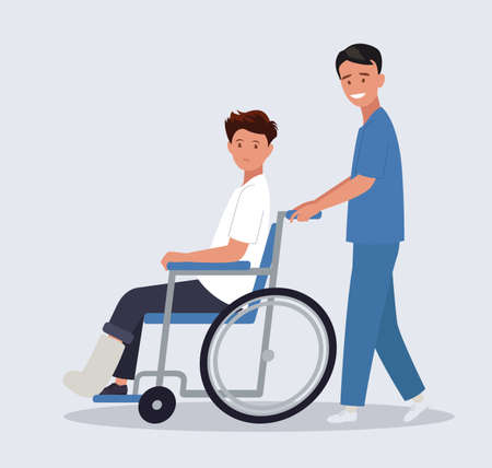 A doctor is taking a patient with a broken leg in a wheelchair. Doctor and patient. Vector illustration in a flat style.のイラスト素材